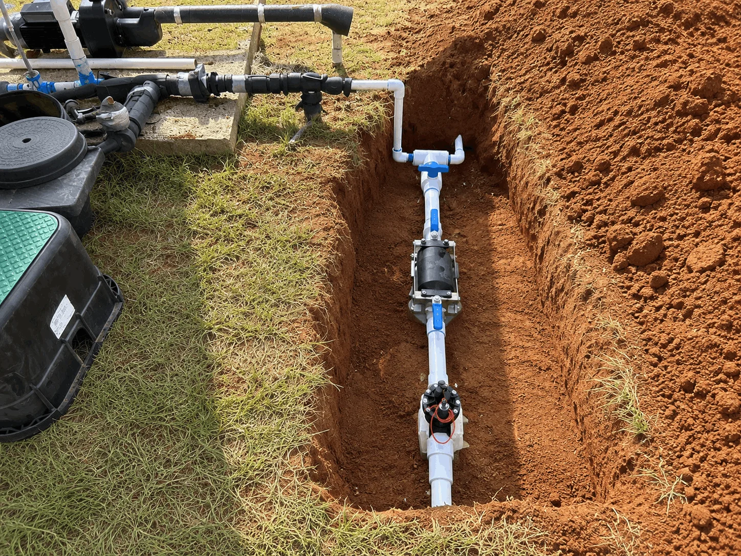 Irrigation installation Tucson with new valves and PVC lines set in a clean trench