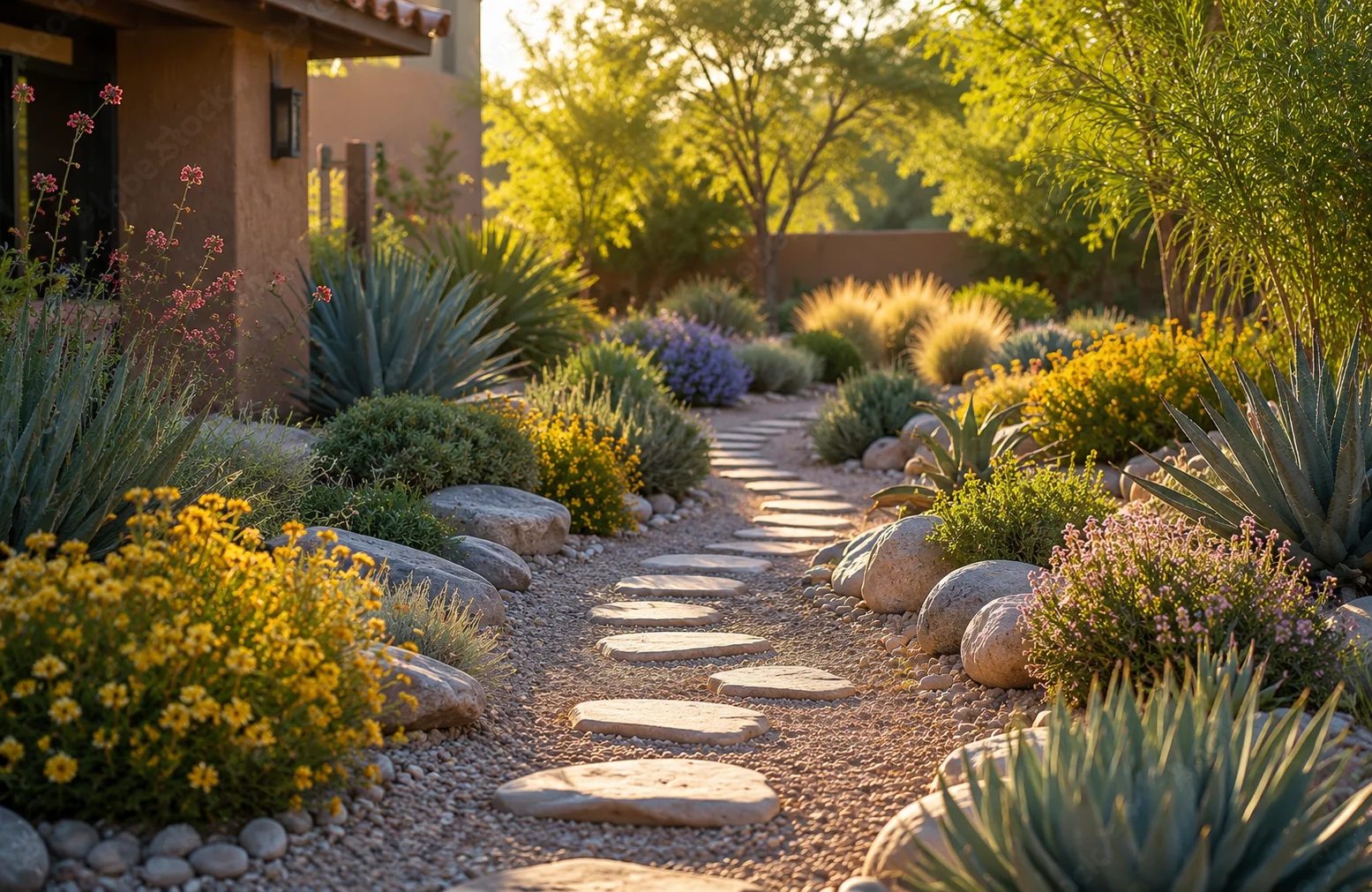 Water-efficient desert landscaping in Tucson with agave, flowering plants, decorative rock, and a stone pathway.