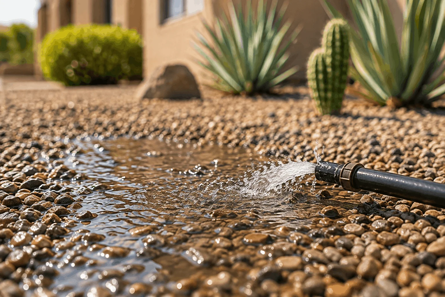 Water leaking from a drip irrigation line into a gravel yard at a Tucson home