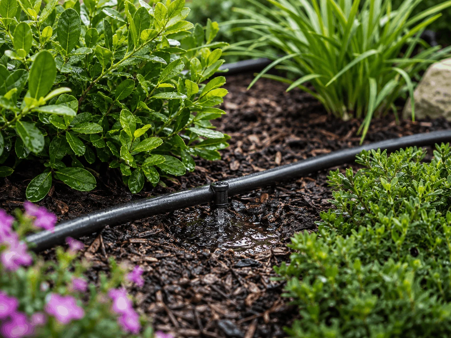 Drip irrigation in Tucson watering plants through a black irrigation line and emitter