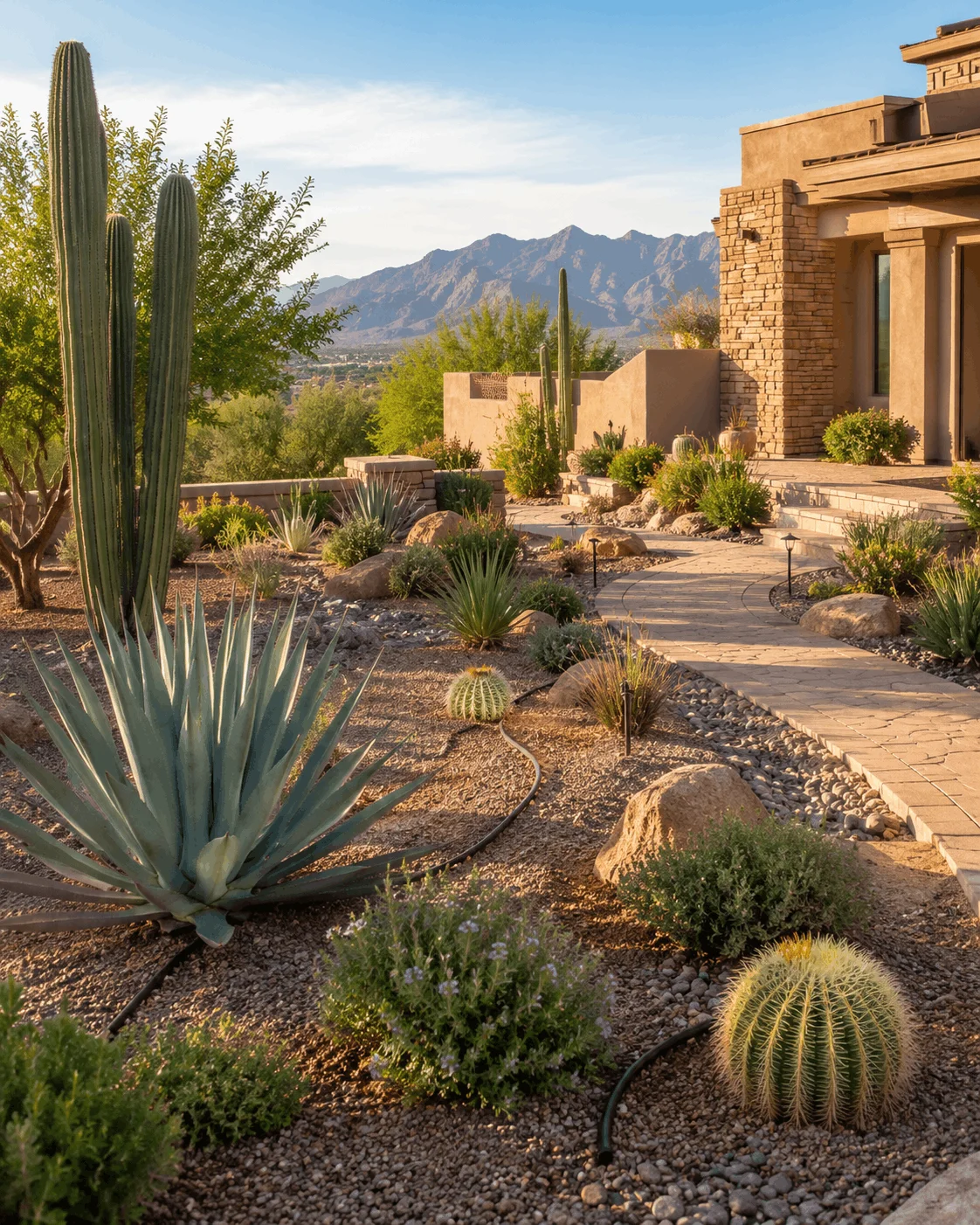 Desert landscape at a Tucson home with drip irrigation tubing, drought-tolerant plants, cactus, gravel beds, and a walkway designed for Sonoran Desert conditions.