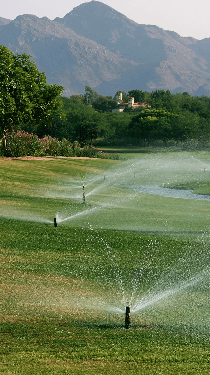 Tucson irrigation sprinklers watering a large green lawn with desert mountains in the background.